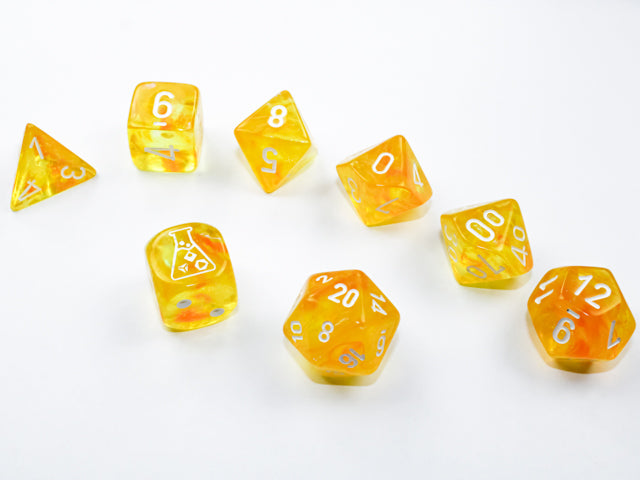 Borealis Canary/white Luminary Polyhedral 7-Dice Set (with bonus die)