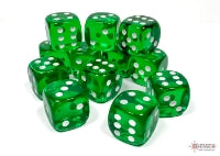 Translucent Green/white 16mm d6 Dice Block (12 dice)