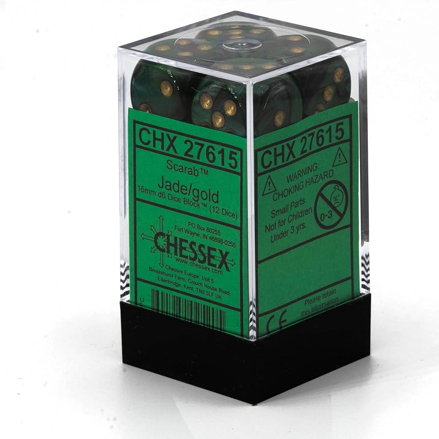 Scarab Jade/gold 16mm d6 Dice Block (12 dice)