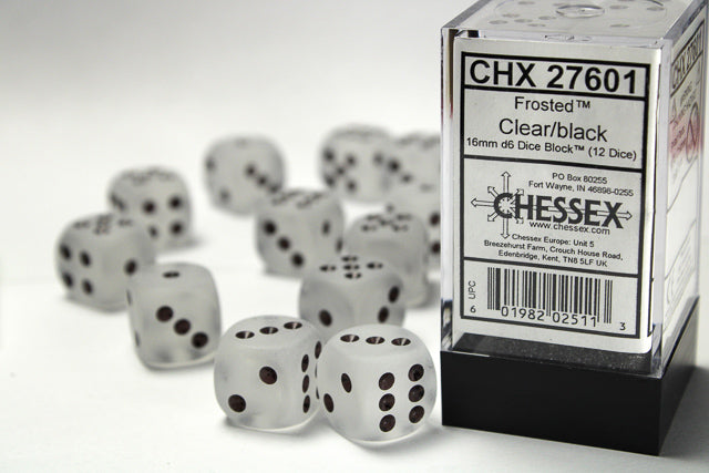 Frosted Clear/black 16mm d6 Dice Block (12 dice)