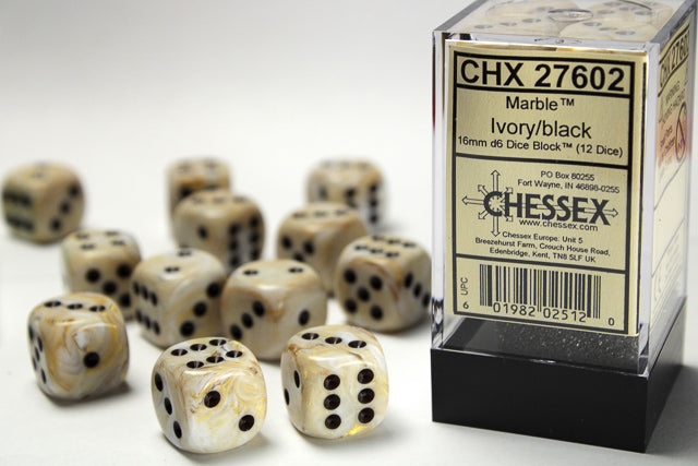 Marble Ivory/black 16mm d6 Dice Block (12 dice)