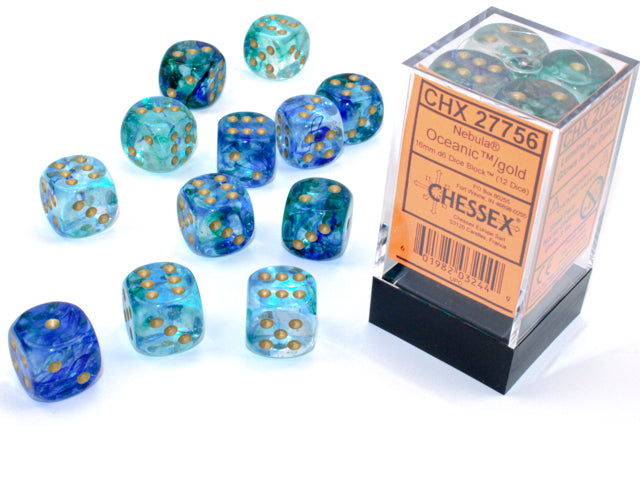 Nebula Oceanic/gold 16mm d6 Dice Block (12 dice)