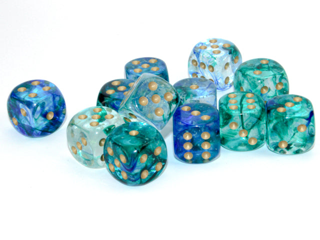Nebula Oceanic/gold 16mm d6 Dice Block (12 dice)