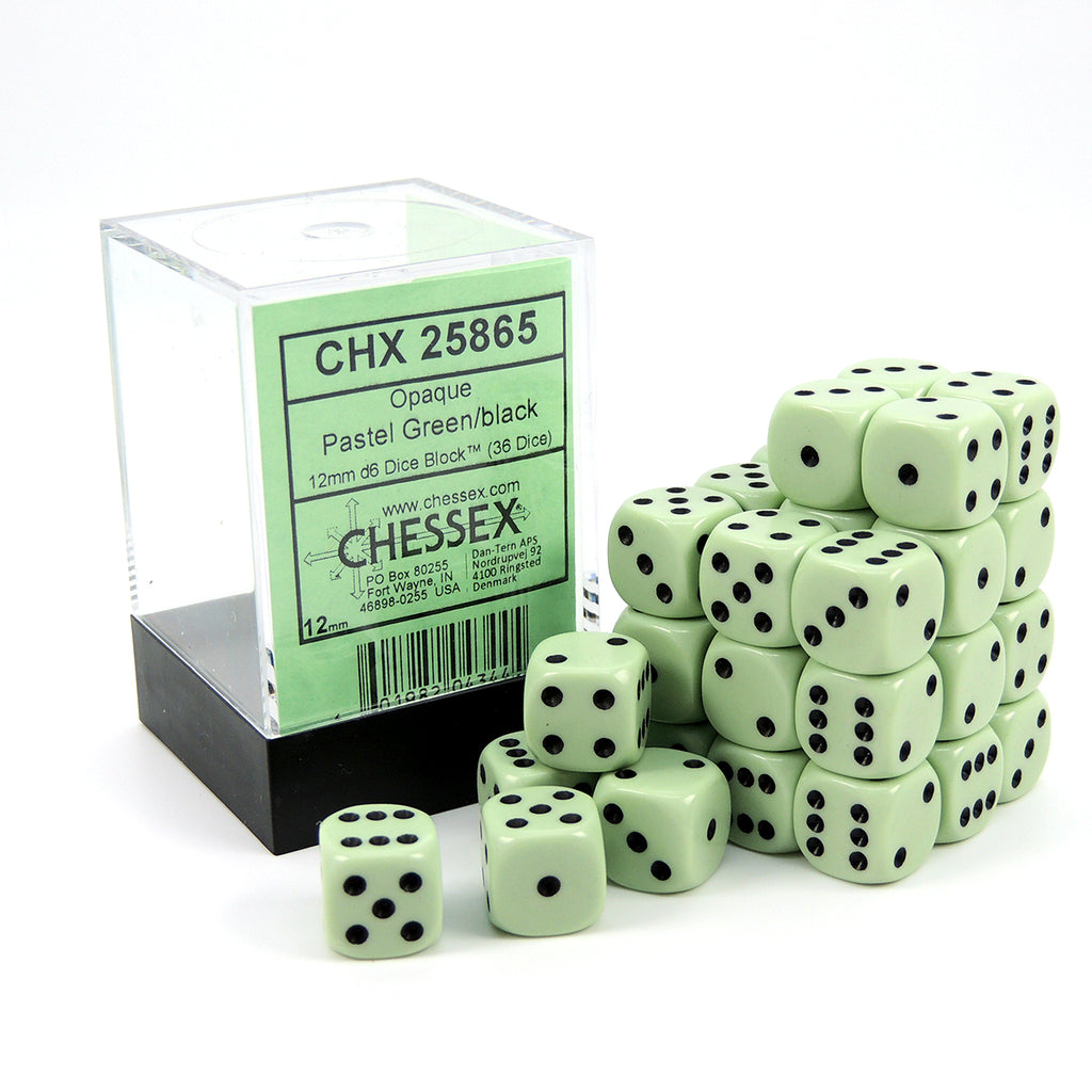 Opaque Pastel Green/Black 12mm d6 Dice Block (36 dice)