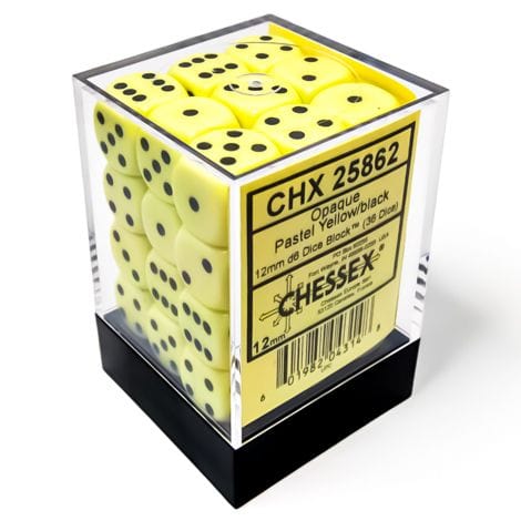 Opaque Pastel Yellow/Black 12mm d6 Dice Block (36 dice)