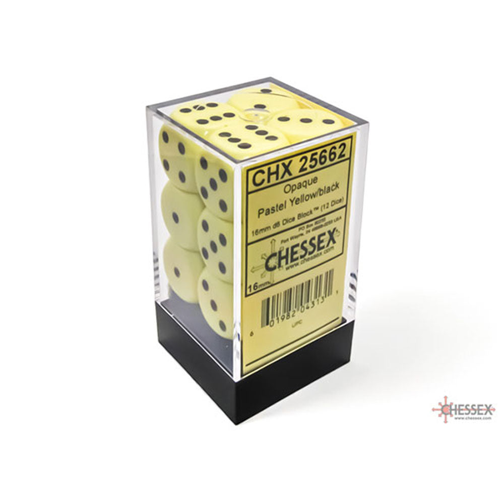 Opaque Pastel Yellow Black 16mm d6 Dice Block (12 dice)