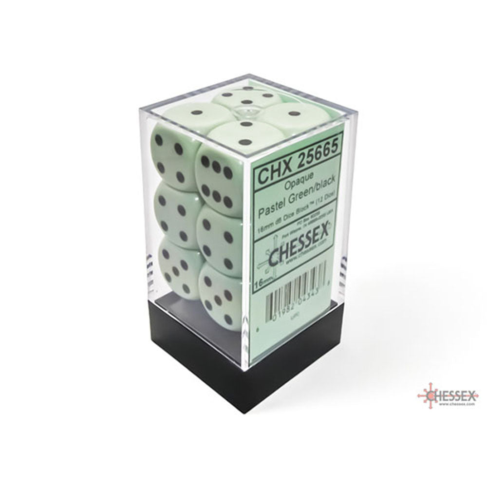 Opaque Pastel Green Black 16mm d6 Dice Block (12 dice)