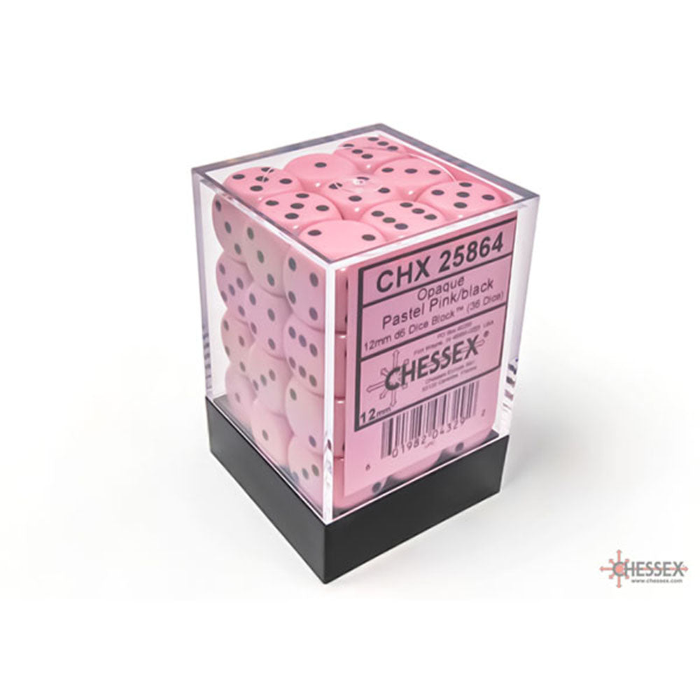 Opaque Pastel Pink/Black 12mm d6 Dice Block (36 dice)