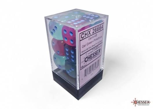 Gemini Gel Green-Pink Blue 16mm d6 Dice Block (12 dice)