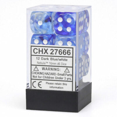 Nebula Dark Blue/white 16mm d6 Dice Block (12 dice)